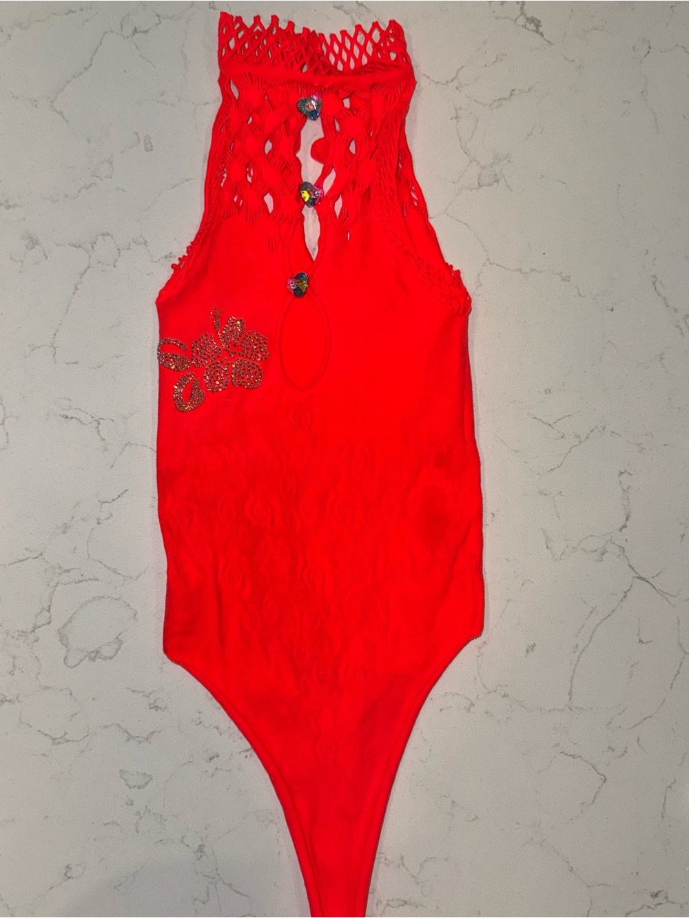 Poster girl Coral, never worn, Crochet Halter Bodysuit with Rhinestone Detail